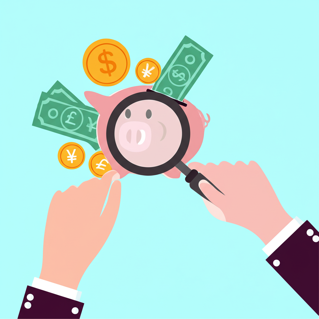 一個人用放大鏡檢查貨幣圖表,錢幣流入存錢罐,代表精準成本控制、最佳時機與投資規劃