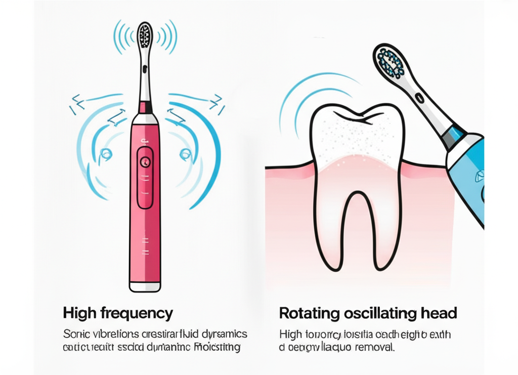 illustration contrasting two types of electric toothbrushes one showing high frequency sonic vibrations creating fluid dynamics for gentle cleaning and the other depicting a rotating oscillating brush head physically scrubbing each tooth for deep plaque removal