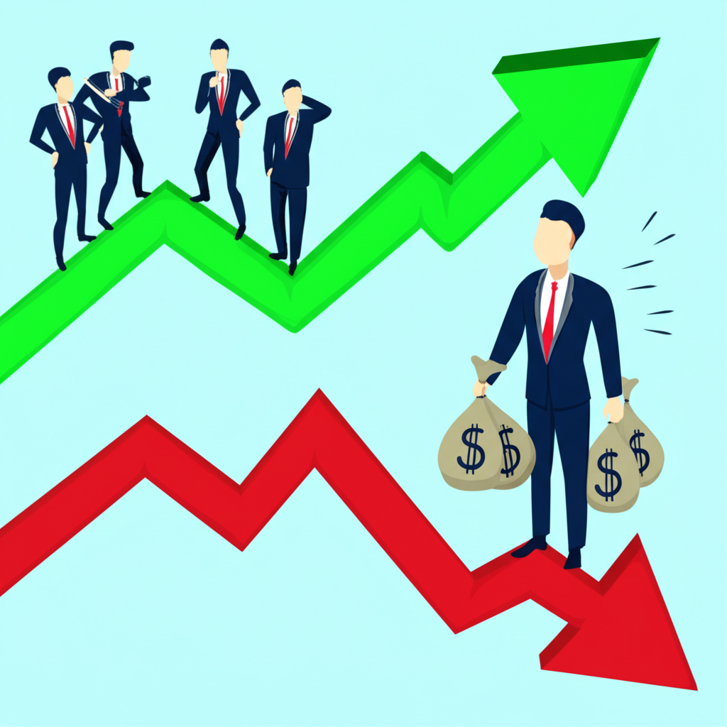 聰明投資者在股市下跌趨勢中自信獲利,旁邊其他投資人面對上漲圖表而擔憂,象徵融券放空策略的風險管理與下行獲利概念
