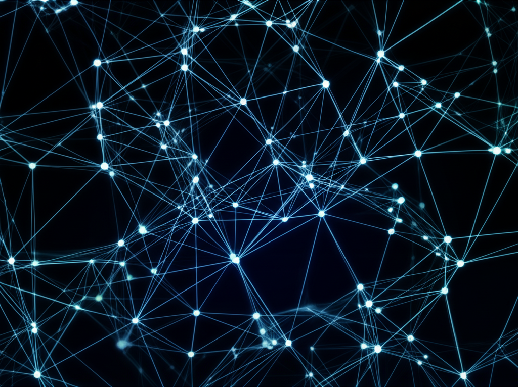 複雜資料視覺化圖，呈現語意向量分析與結構對齊，包含互聯節點與線條的數位環境插圖