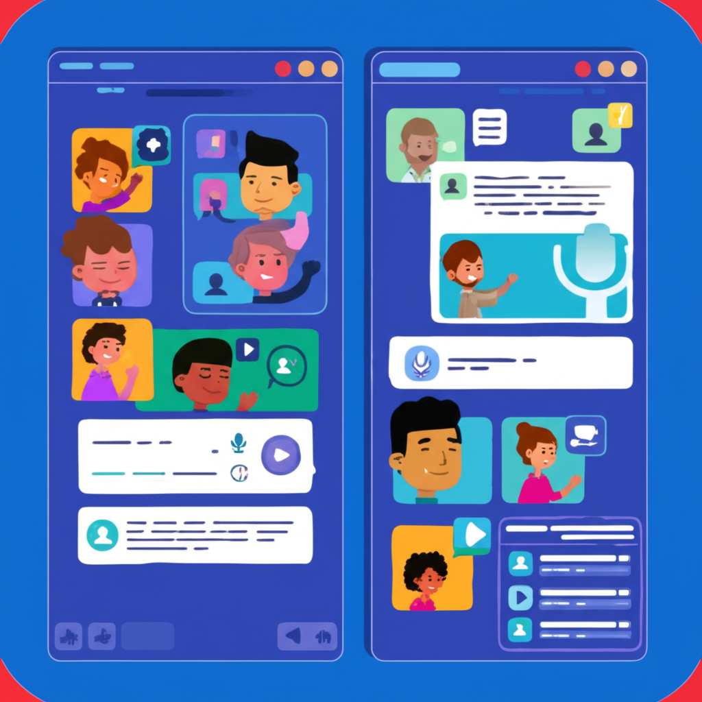 活躍的線上聊天室插畫,展示使用者分享文字、語音、圖片與影片,並參與投票的動態社群互動