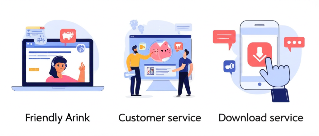 整合多種詐騙情境的插畫,包含假冒客服提供釣魚連結、殺豬盤騙徒展示虛假獲利、用戶下載惡意App等場景