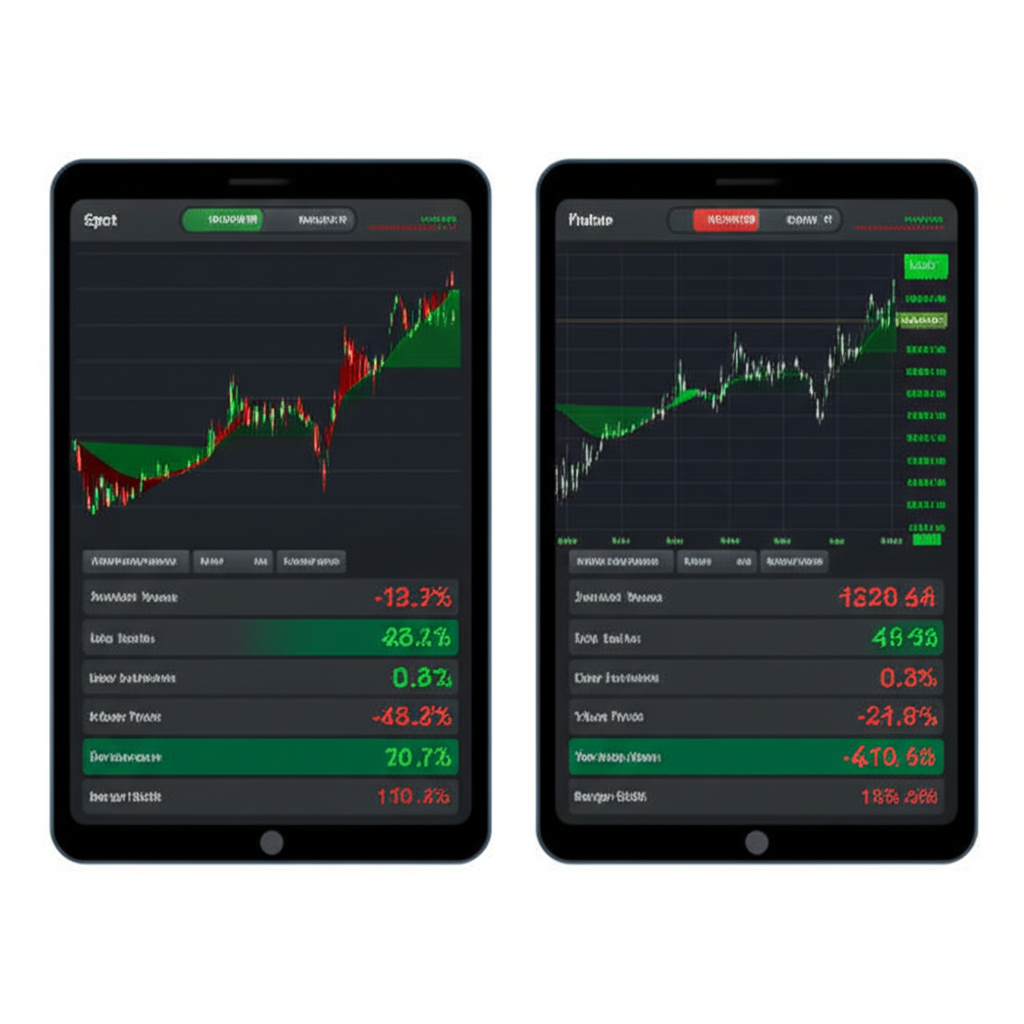 插圖:螢幕分割顯示現貨與期貨模擬交易介面,包含圖表、訂單類型、槓桿與保證金等概念