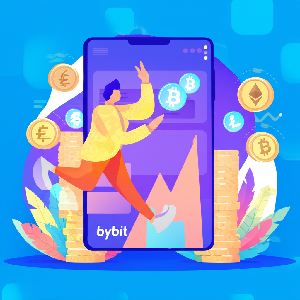 一位交易者自信操作 Bybit 平台,周圍環繞各種數位貨幣與財務圖表,強調理解手續費對成功交易策略的重要性