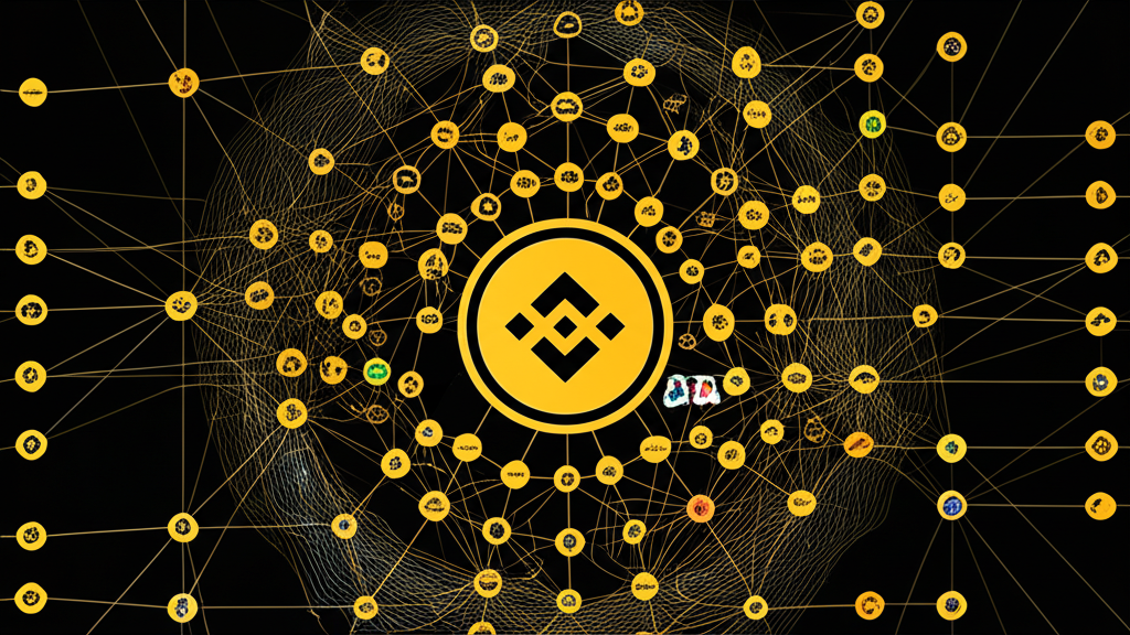 以幣安為核心的龐大數位生態系統示意圖,包含現貨、衍生品、NFT、理財等服務,象徵其全球領導地位與多元創新