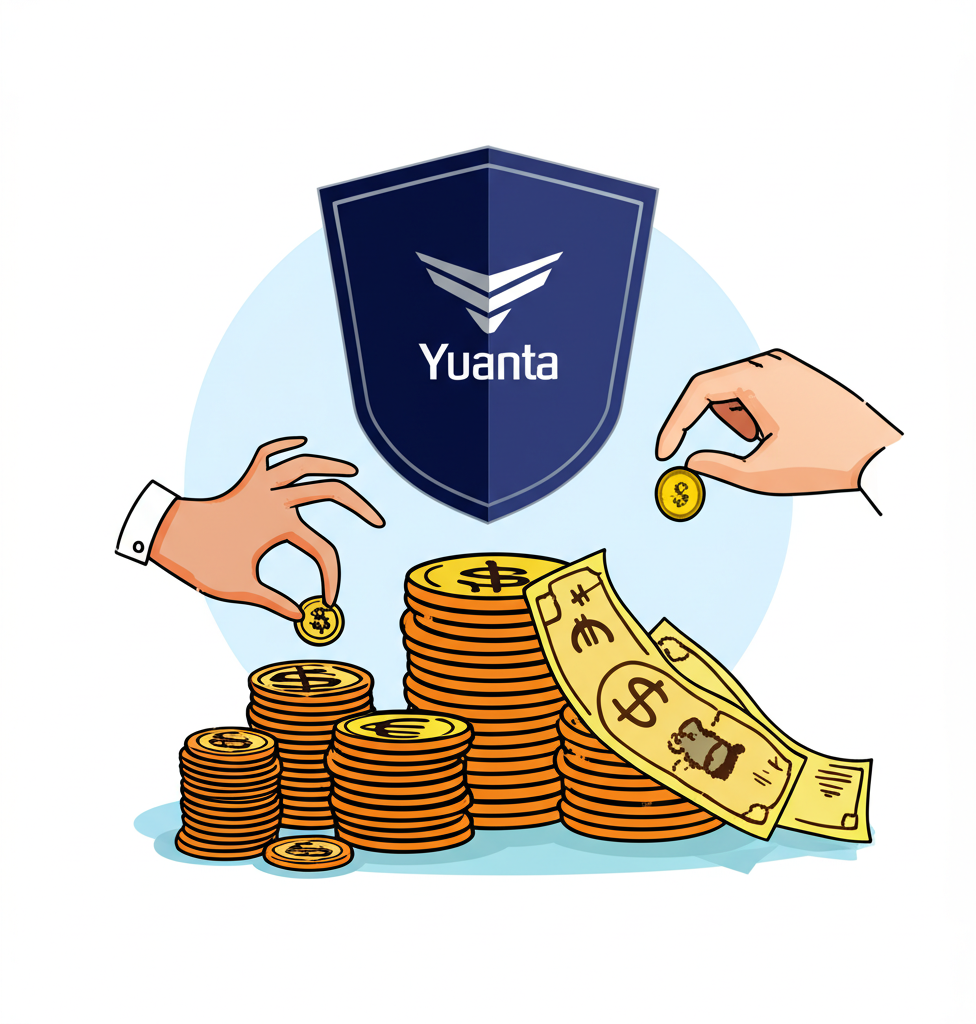 插圖:一隻手用一枚小硬幣控制巨大的全球貨幣堆疊,象徵外匯保證金以小資金放大效益,旁有盾牌圖示代表元大為受監管的合法金融機構