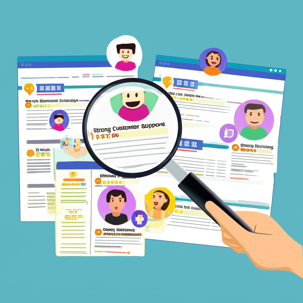 放大鏡檢視PTT與Dcard上的數位螢幕評論,重點標示低手續費、快速出金、穩定系統與良好客服等關鍵特徵,使用者頭像呈現滿意與警覺兩種情緒