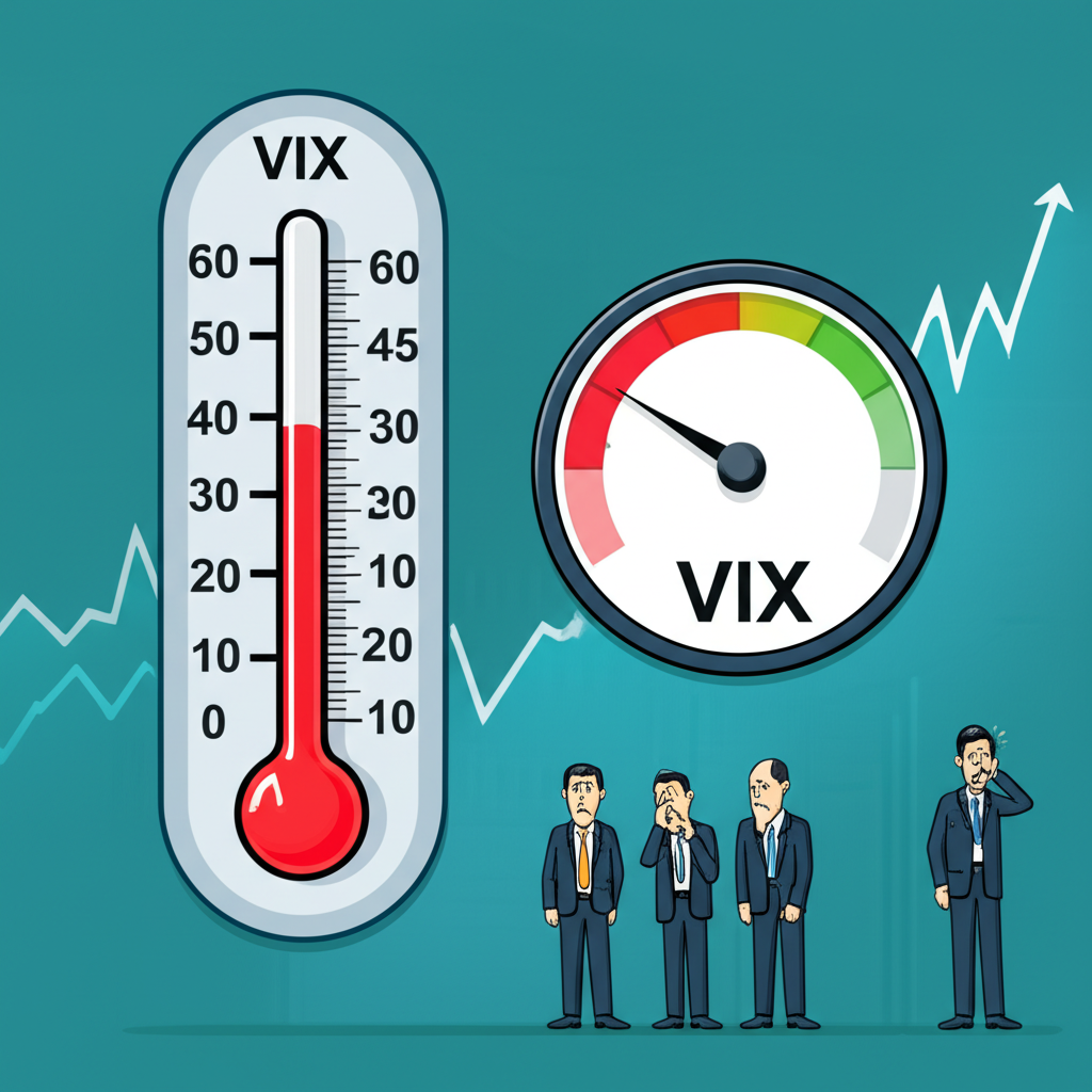 市場波動性溫度計,VIX指數顯示高恐懼與不確定,周圍環繞擔憂投資者和下跌的S&P 500圖表,象徵期權計算過程