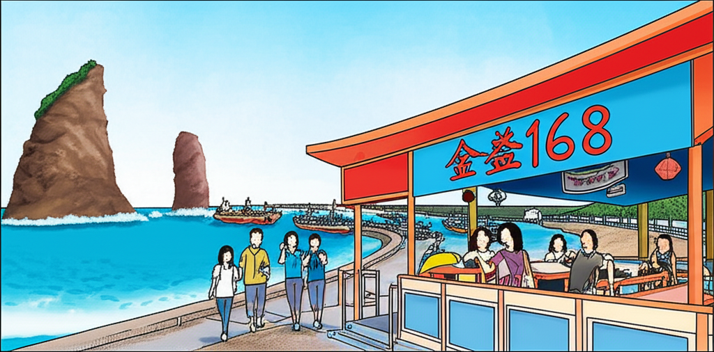 深澳漁港金益168海鮮熱炒的熱鬧景象,包含象鼻岩和酋長岩等獨特岩石,以及遊客享用新鮮海鮮的畫面