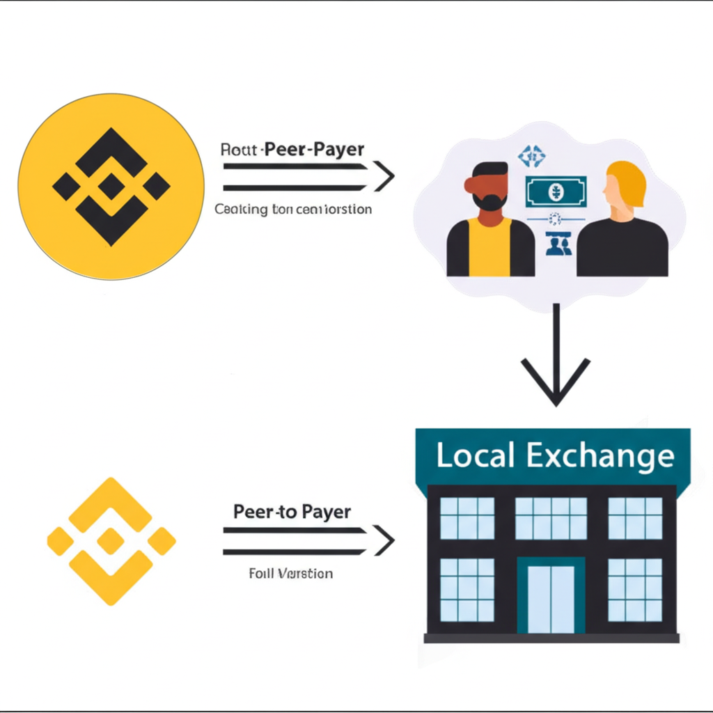 插圖：兩條不同的加密貨幣兌換路徑，一條從幣安標誌導向點對點交易，另一條導向本地交易所建築