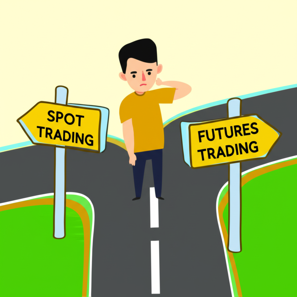兩條分叉路，一條標示現貨交易，另一條標示期貨交易，台灣投資者站在路口猶豫該選擇哪一條