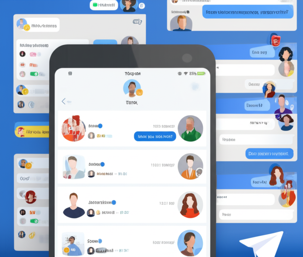 Telegram 群組聊天介面插圖，顯示用戶交換訊息、圖像與影片的熱鬧互動空間，以及高效管理工具