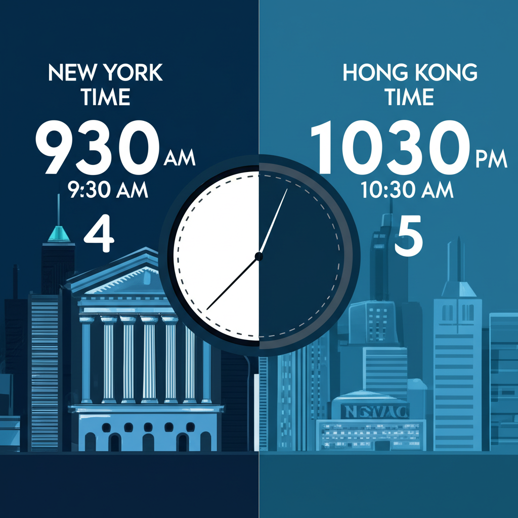 紐約與台灣香港時區鐘錶對照,顯示美股開盤9:30至收盤4:00的交易時段
