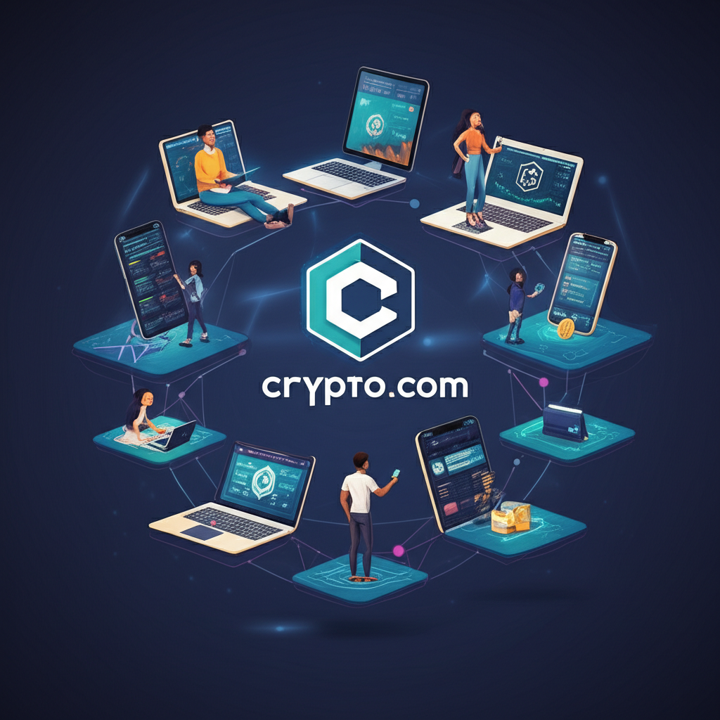 全球數位資產網絡插畫，展示Crypto.com平台與多元使用者互動的場景