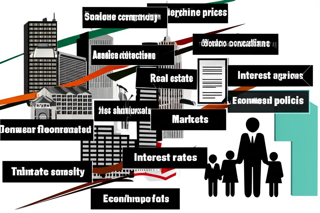 台灣房地產市場複雜因素插圖，包括高房價、政府政策、利率波動與人口變遷對經濟與家庭的影響
