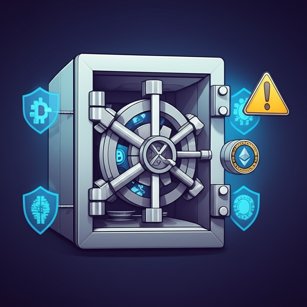 An illustration depicting digital assets secured within a vault with multiple layers of locks and shields representing cold wallet storage multi-signature technology and two-factor authentication while a warning sign alerts against online fraud