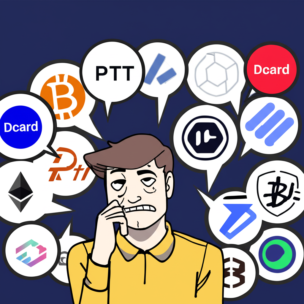 一位困惑的投資者面對眾多加密貨幣交易所標誌,PTT與Dcard的對話氣泡圍繞四周,象徵社群評價在選擇過程中的引導作用