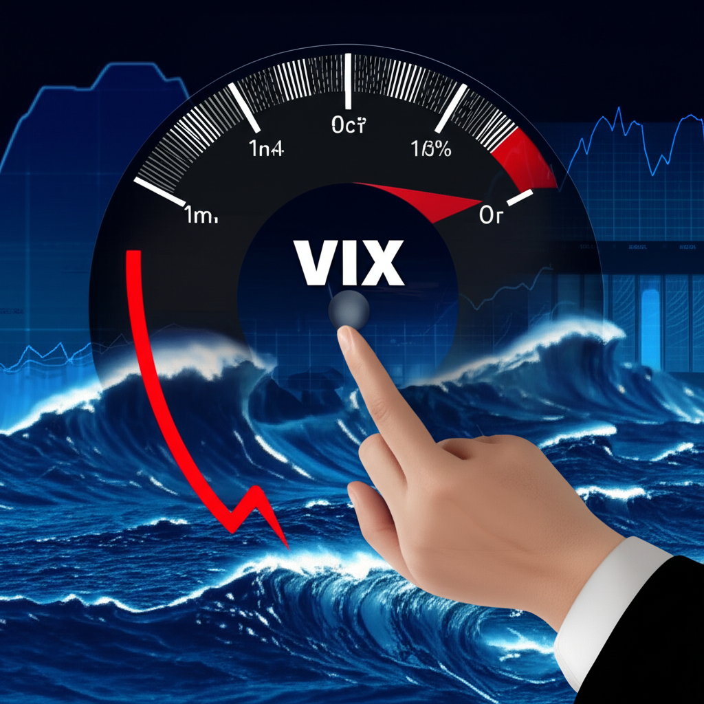 金融市場波濤洶湧與VIX指數作為市場情緒晴雨表的插圖,顯示投資人情緒及S&P 500波動,手指指向不同VIX水平並比較美台VIX圖表
