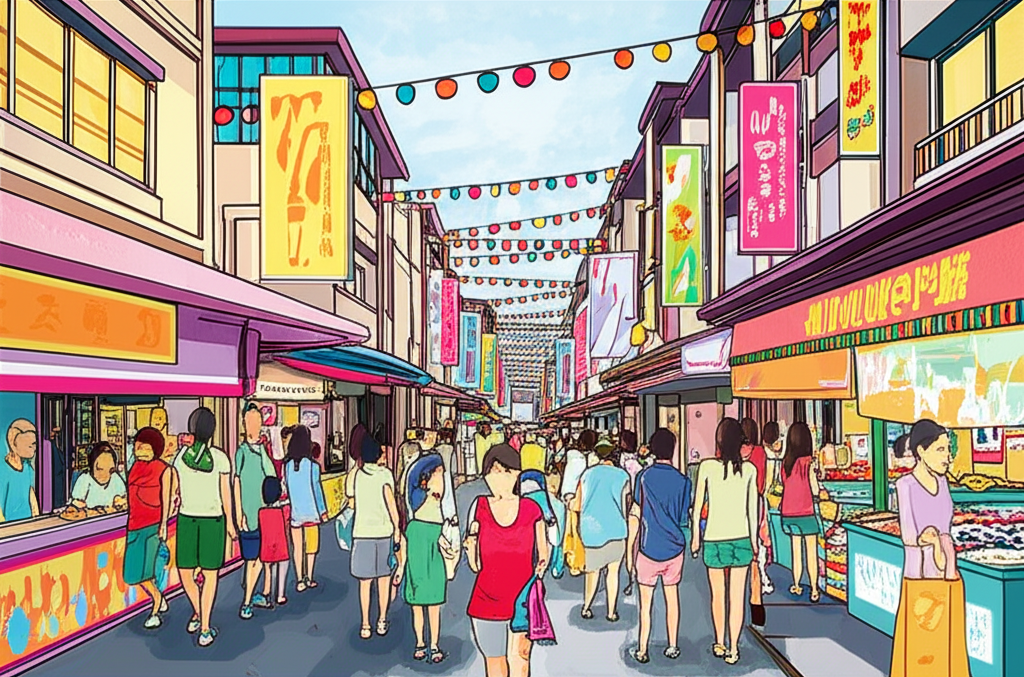 台灣熱鬧市場街頭插圖,展示購物人群與繁榮本地企業