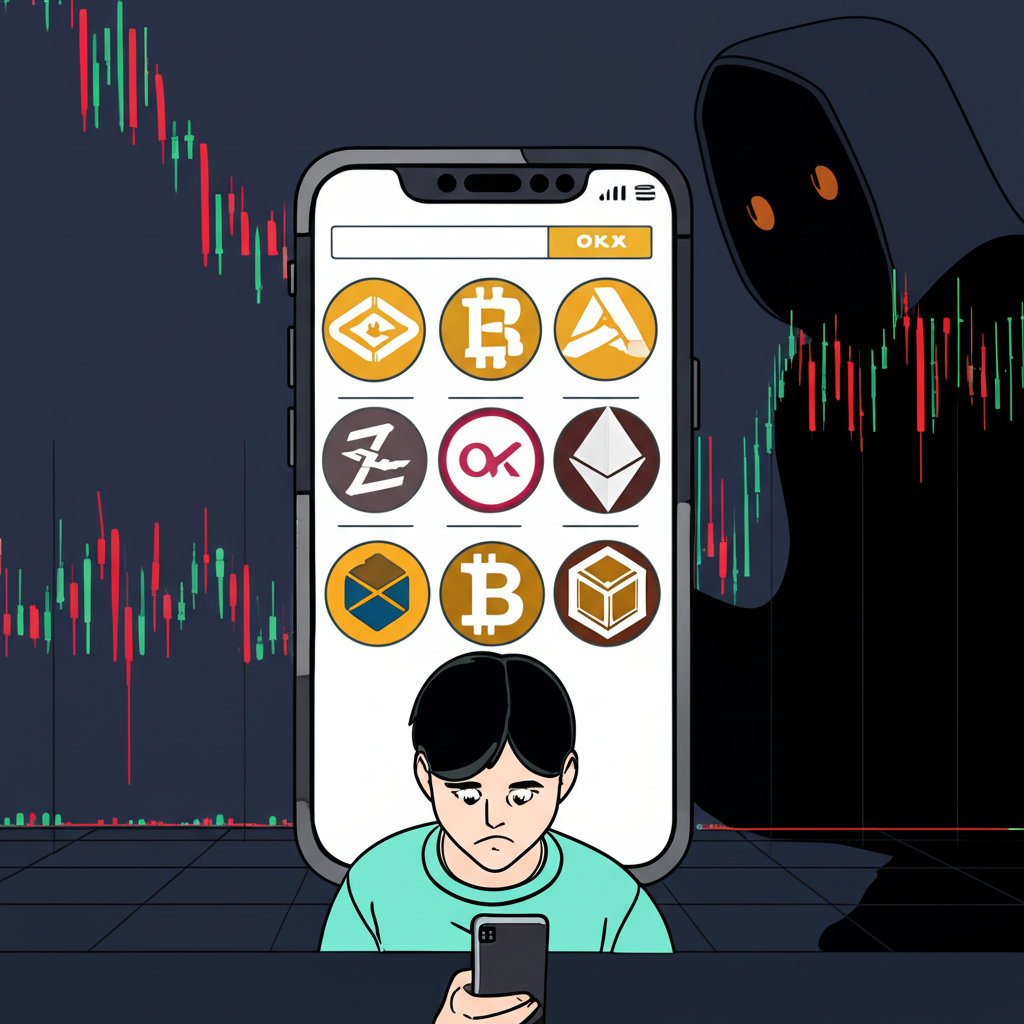 an illustration of a person looking worriedly at a phone with crypto symbols and a shadowy figure lurking in the background representing the prevalence of okx scams and the feeling of insecurity in digital asset investment