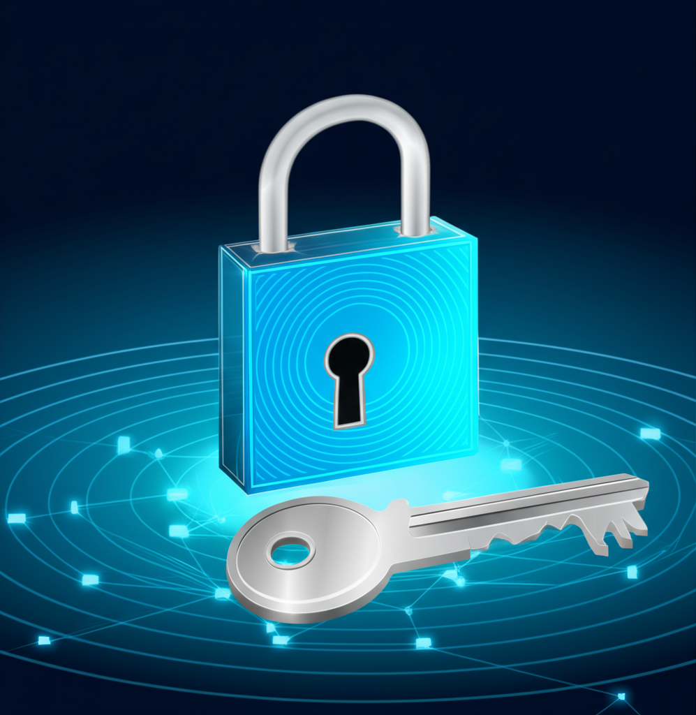 Illustration of a digital lock and key for secure USDT address with blockchain links