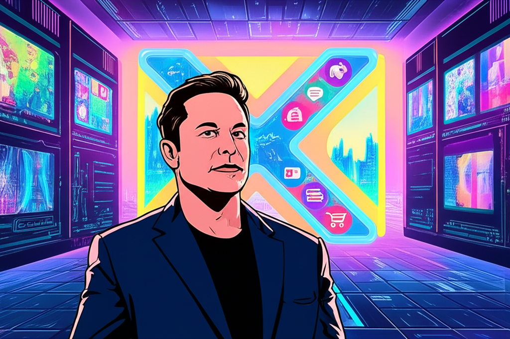 Elon Musk站在代表言論自由的數位廣場前,以及多功能超級App X的圖示,包括社交、支付與購物,象徵收購Twitter的核心動機
