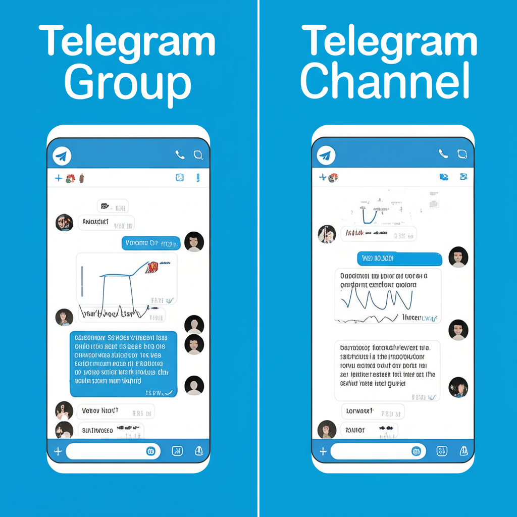 Telegram 群組與頻道差異對比插圖，突顯雙向討論與單向廣播的互動模式，以及成員可見度的區別