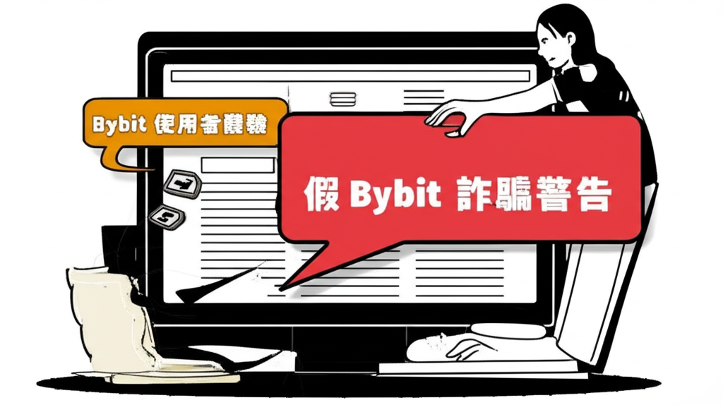 插畫呈現一人閱讀PTT論壇，氣泡對話框分別顯示Bybit使用經驗與假冒詐騙警告，一隻手正試圖竊取金錢