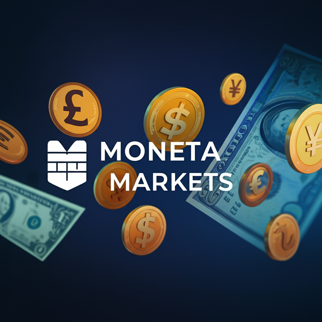 Moneta Markets 標誌與全球貨幣插圖