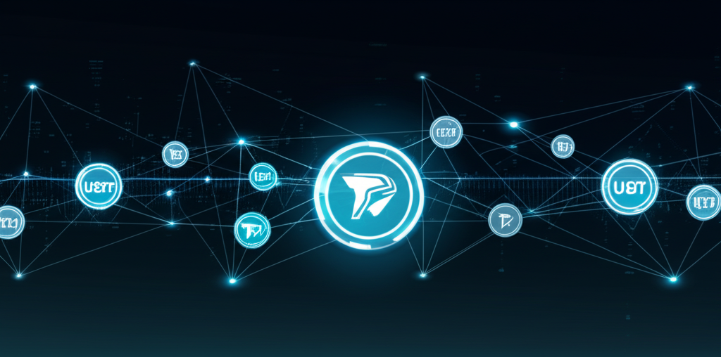 波場區塊鏈網路的插圖,展示互聯節點與 TRC20 代幣如 USDT 的快速交易、低費用和智能合約