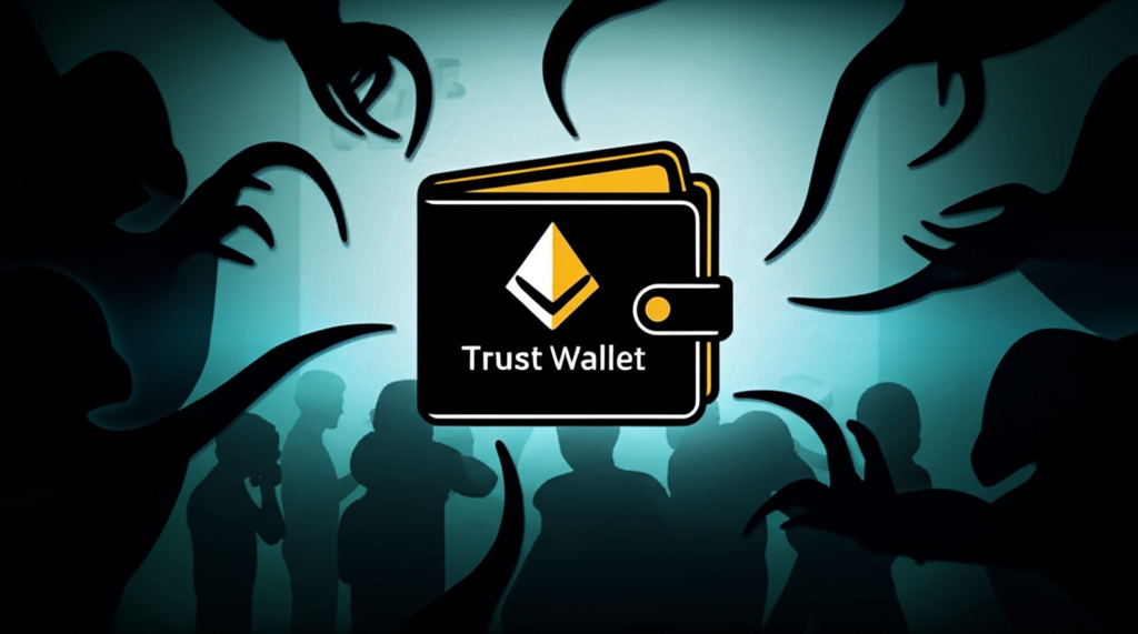 Trust Wallet 成為駭客目標的隱喻插圖,顯示錢包被陰影包圍