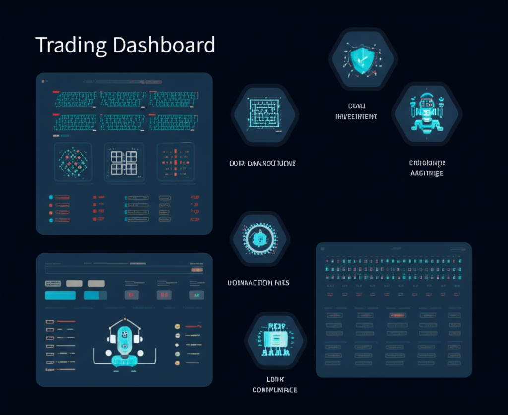 插畫：數位儀表板展示多種交易機器人，如網格、雙幣投資、套利等，每個圖示代表不同策略，並標示低交易手續費、盾牌象徵安全合規，以及適合初學者的簡易介面