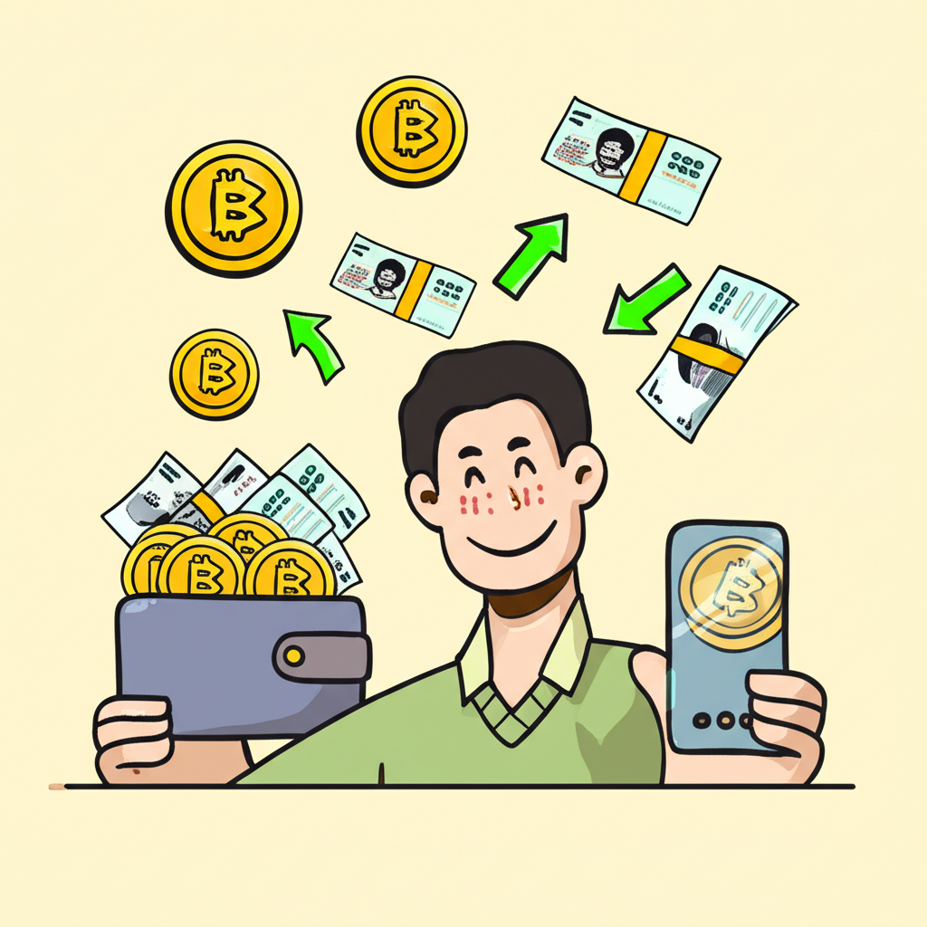 插圖：一個人開心地管理數位錢包，BNB 幣轉化為新台幣紙鈔，象徵盈利兌換與資金彈性