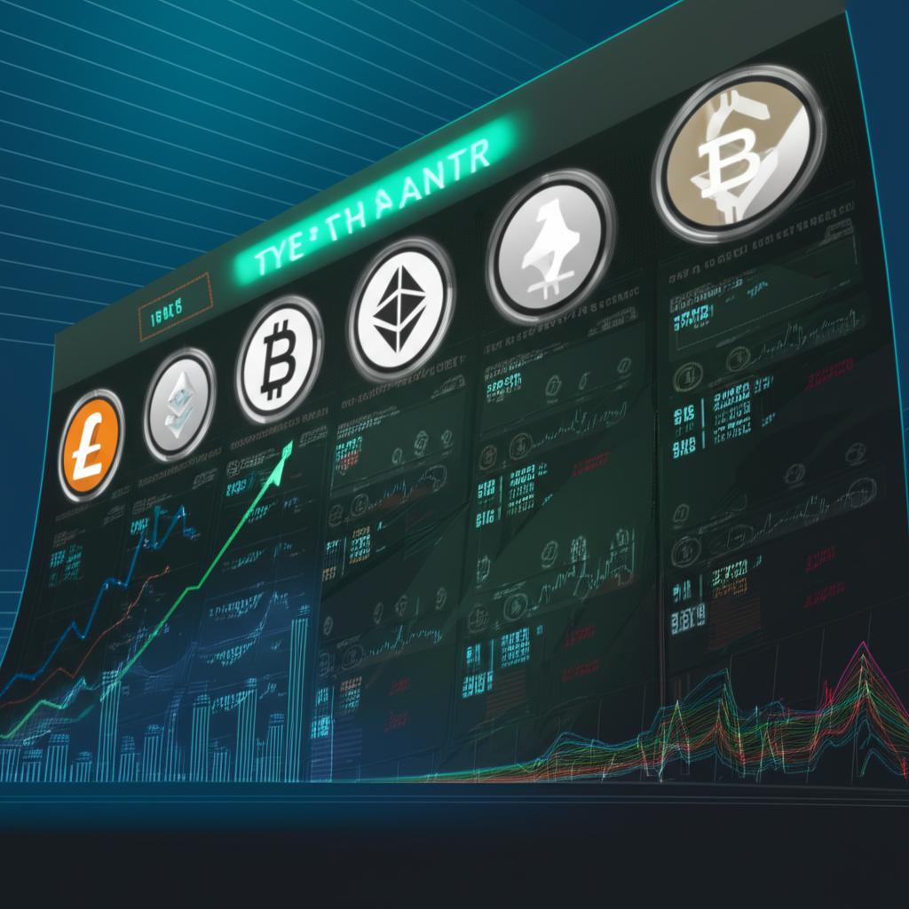 數位交易平台上展示未來價格預測與衍生合約的示意圖,包含加密貨幣符號與走勢圖