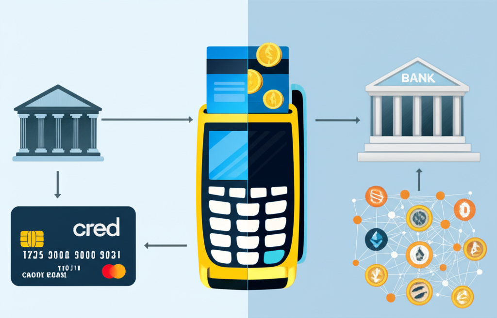 插圖:左右對比圖,左側顯示傳統信用卡連結銀行系統,右側則是Crypto信用卡連結區塊鏈網絡,加密貨幣流入支付終端,凸顯兩者的本質差異