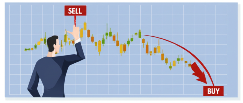 投資人觀察下跌股價趨勢,透過先賣後買策略獲利的概念圖