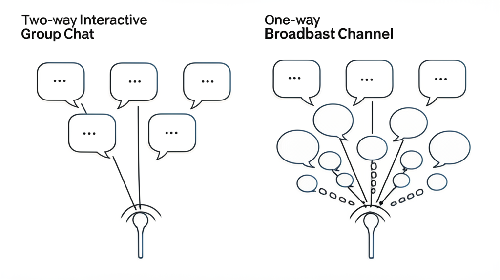比較雙向互動群組聊天與單向廣播頻道的插畫,凸顯兩者截然不同的溝通模式