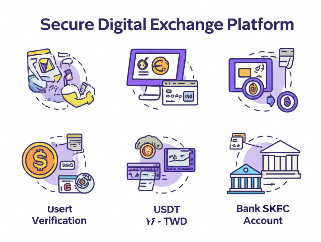 安全數位交易所平台插圖,顯示用戶完成KYC驗證、入金USDT、交易為台幣並提領到銀行帳戶的步驟與圖示