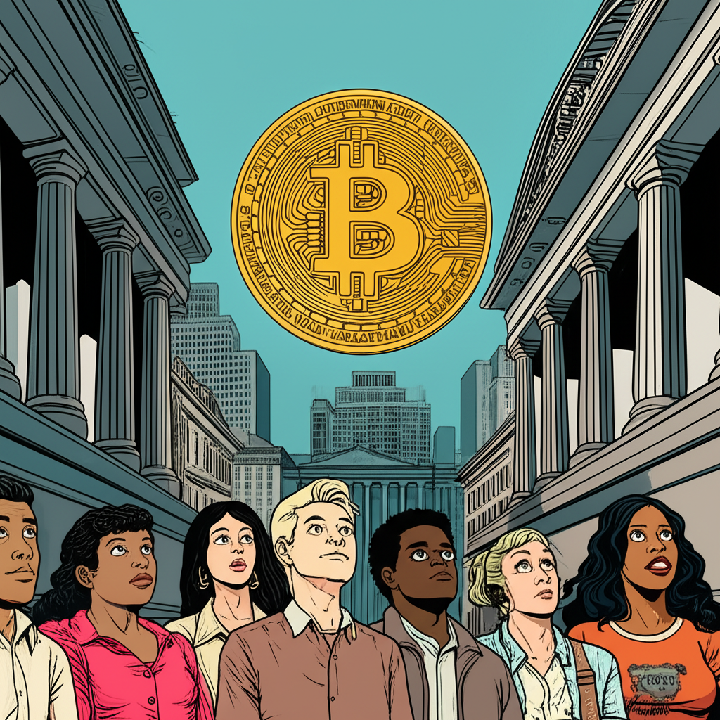 比特幣未來展望圖示:數位黃金幣超越傳統金融建築,象徵全球影響與潛力