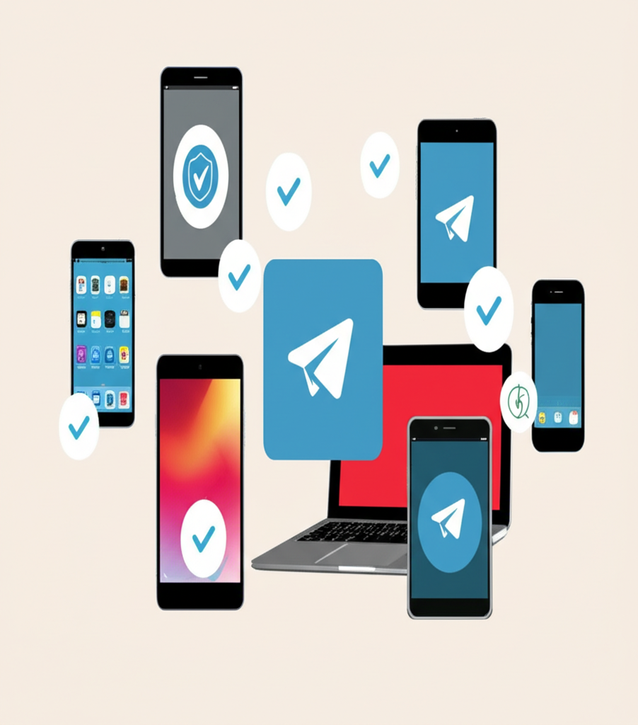 各種裝置如智慧型手機和筆電顯示 Telegram 標誌,強調跨平台相容性和官方下載的安全性