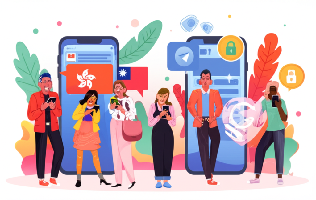 香港和台灣用戶快樂使用 Telegram 的插圖,展現安全快速的數位通訊環境