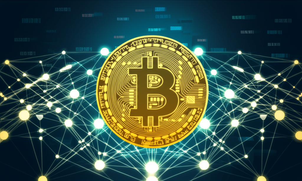 閃耀的金色比特幣象徵數位黃金,展示區塊鏈網路與加密交易記錄
