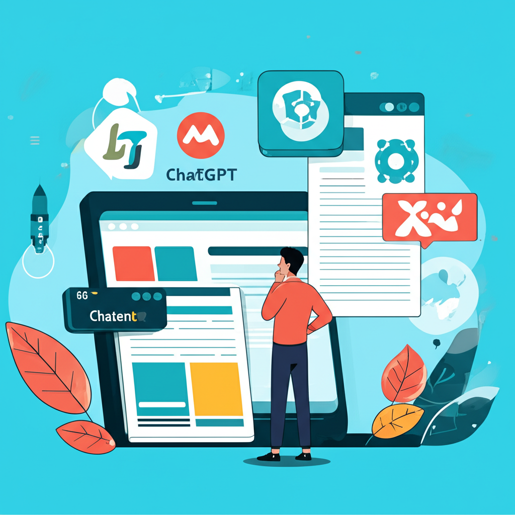 Illustration of a digital marketplace with various AI writing tool icons like ChatGPT, Jasper, Writesonic floating around a content creator choosing the best fit for 2024