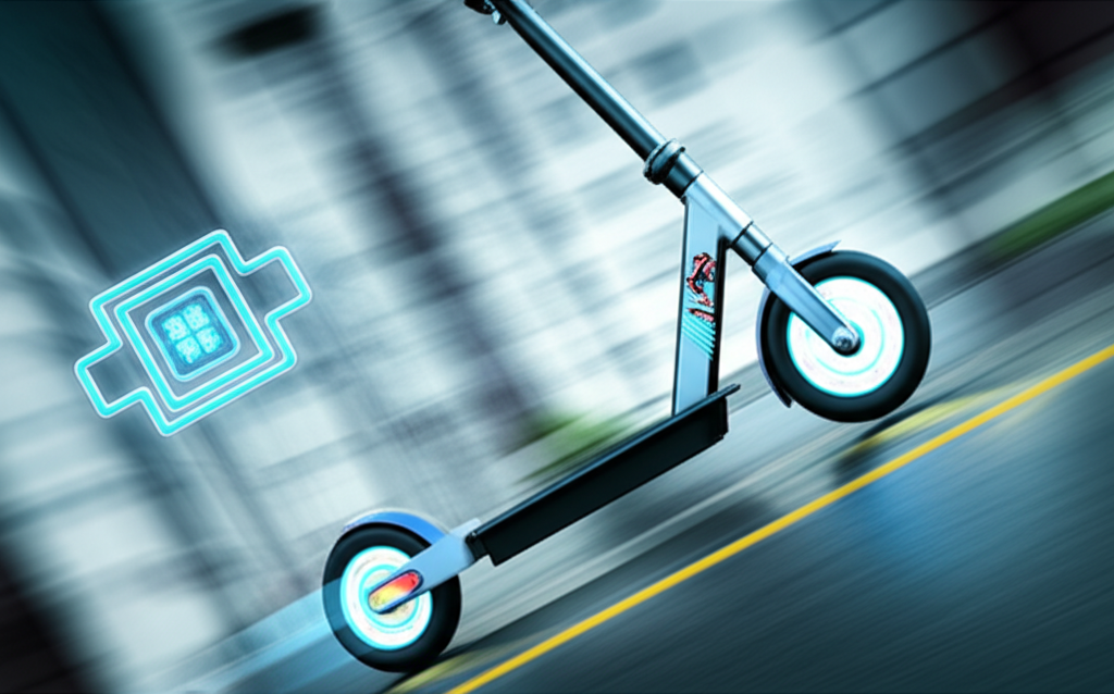 illustration of an electric scooter confidently ascending a steep city street with dynamic speed lines and a powerful motor icon highlighting its strong climbing ability and quick acceleration