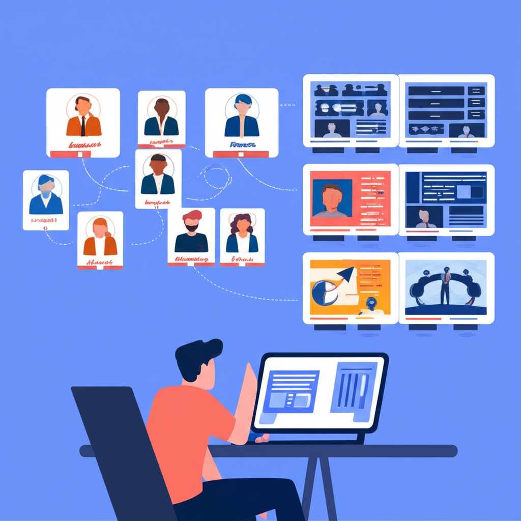 新手投資者查看螢幕上多位成功交易者,線條連接顯示策略自動複製,另一螢幕呈現專家管理的多元主題投資組合