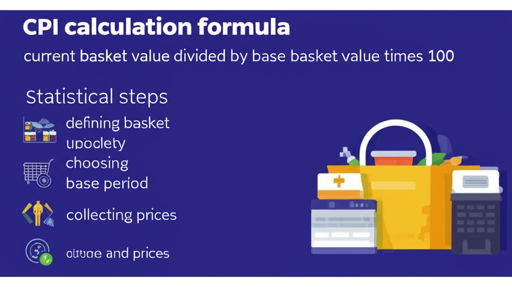 CPI calculation formula current basket value divided by base basket value times 100 statistical steps defining basket choosing base period collecting prices illustration style