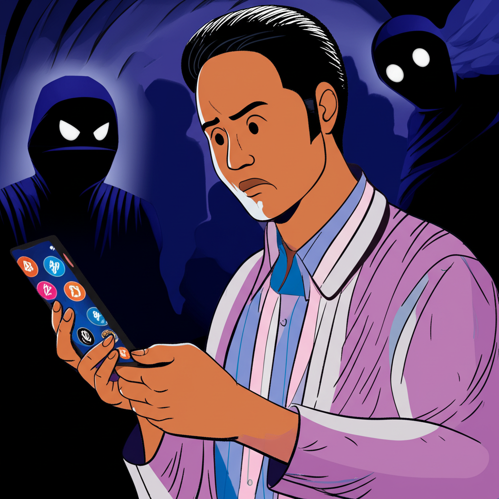 一名投資者困惑地看著手機螢幕上的加密貨幣圖表,背後隱現陰影般的詐騙者,象徵數位資產市場中的風險與詐騙威脅
