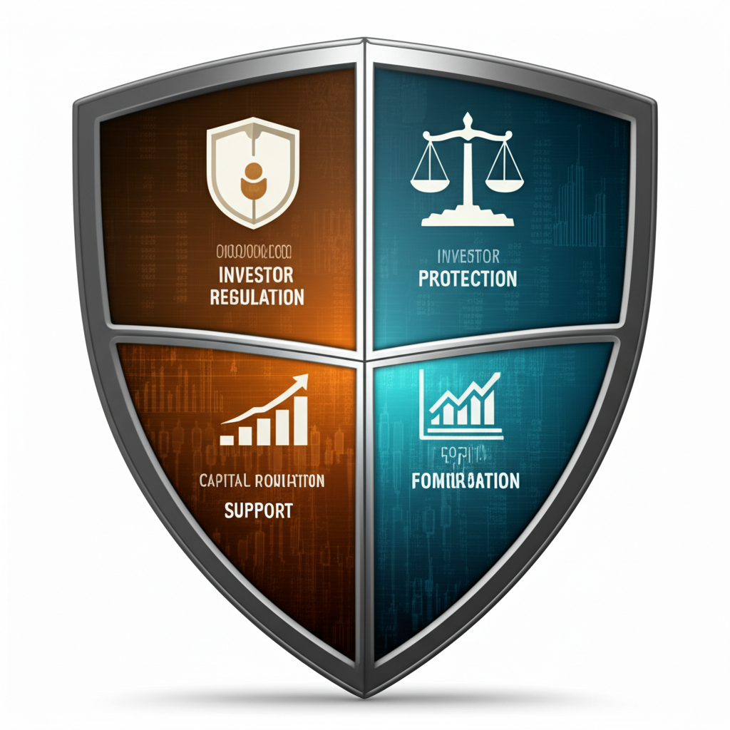 Illustration of a three-part shield symbolizing SEC's core functions: investor protection, fair market regulation, and capital formation