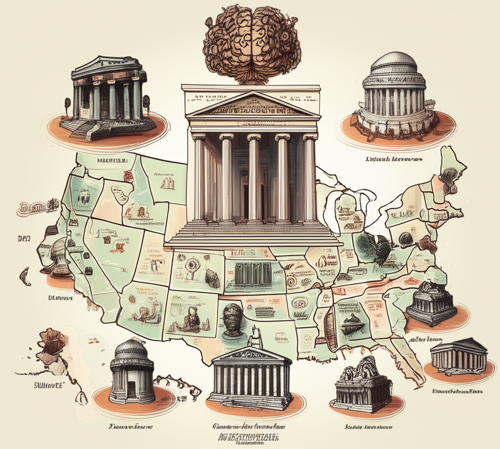 聯邦準備理事會獨特結構的細緻圖示，展示三大互聯支柱：理事會作為決策大腦、FOMC作為決策引擎，以及分布美國地圖的12家區域聯邦儲備銀行