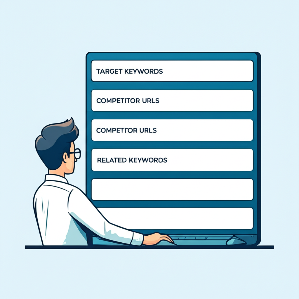 An illustration of a professional looking at empty data fields on a screen with placeholders for target keywords competitor URLs and related keywords indicating missing information in illustration style